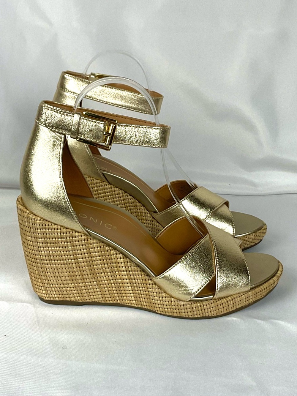 Vionic Marina Espadrille Wedge Sandal Sz 8 Metallic Gold Leather Ankle Strap